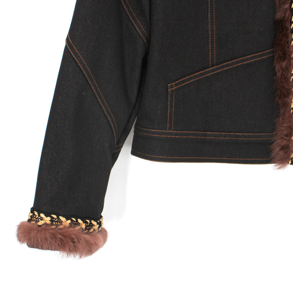 St. John Fur Trim Jacket Pant Set NEW Black Denim Woven Raffia 2 Pc Set Size 12 - Picture 4 of 10